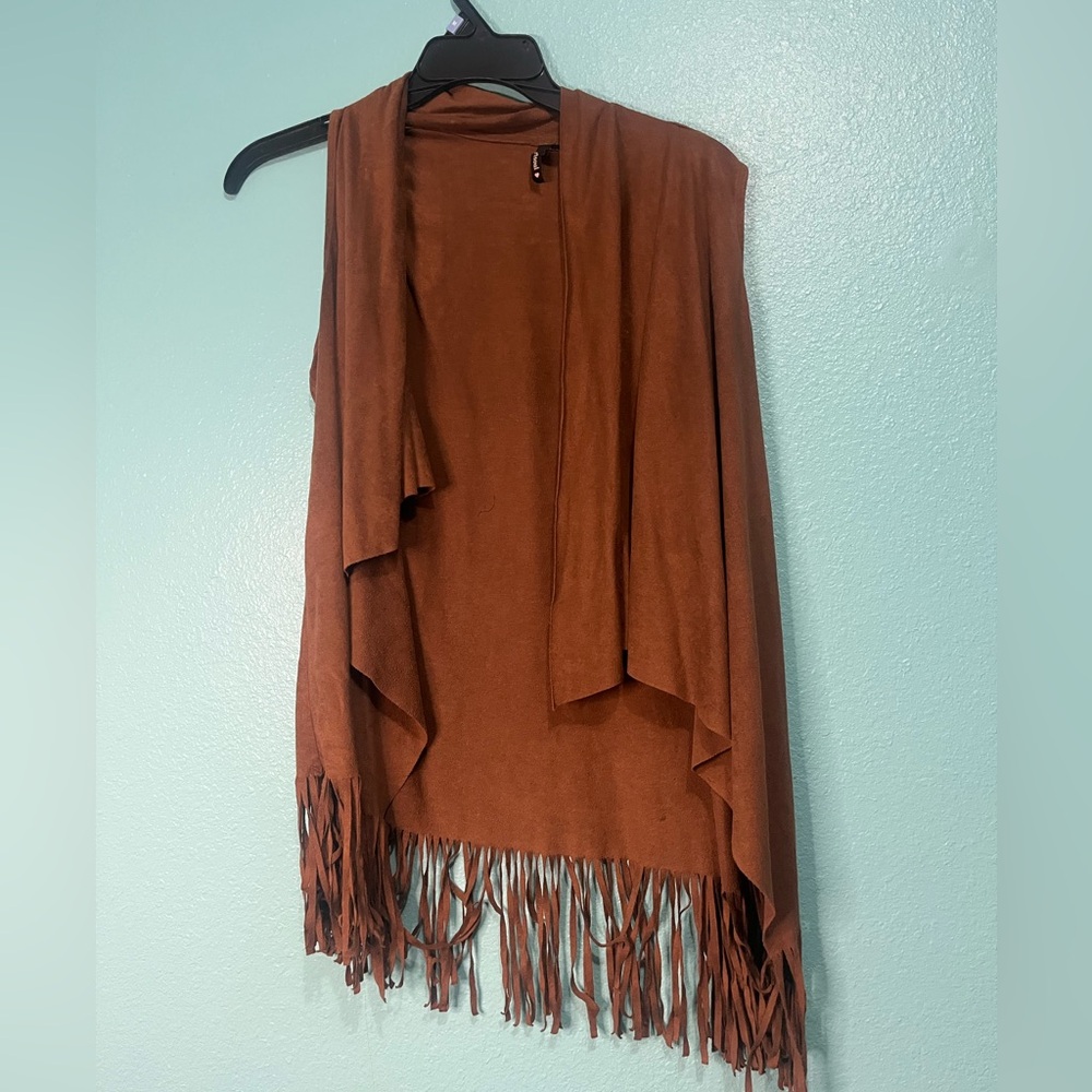 Fringed Open Front Women's Vest - Rust Brown